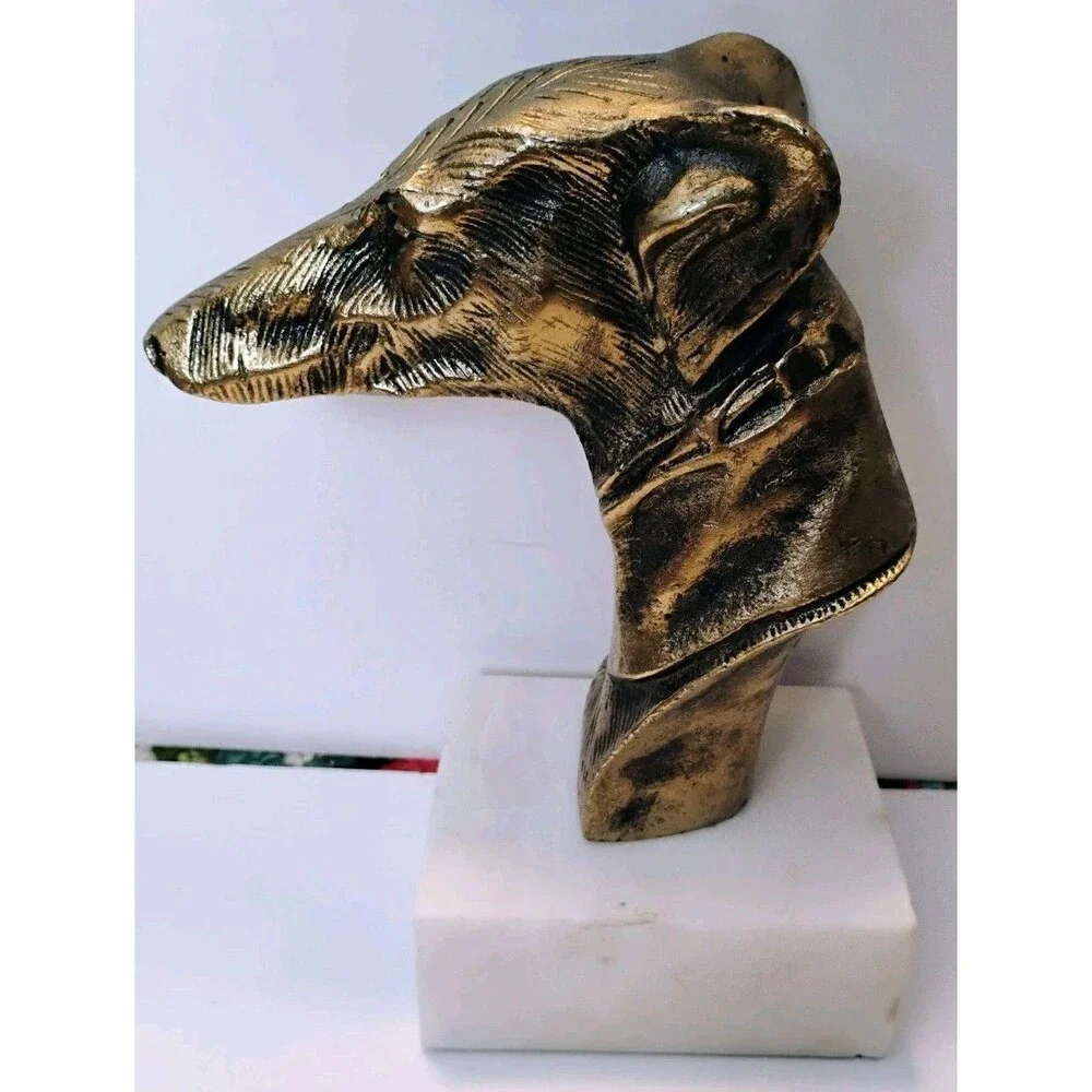 Vintage Brass Greyhound Whippet Dog Bust White Marble Base Statue Bookend 9